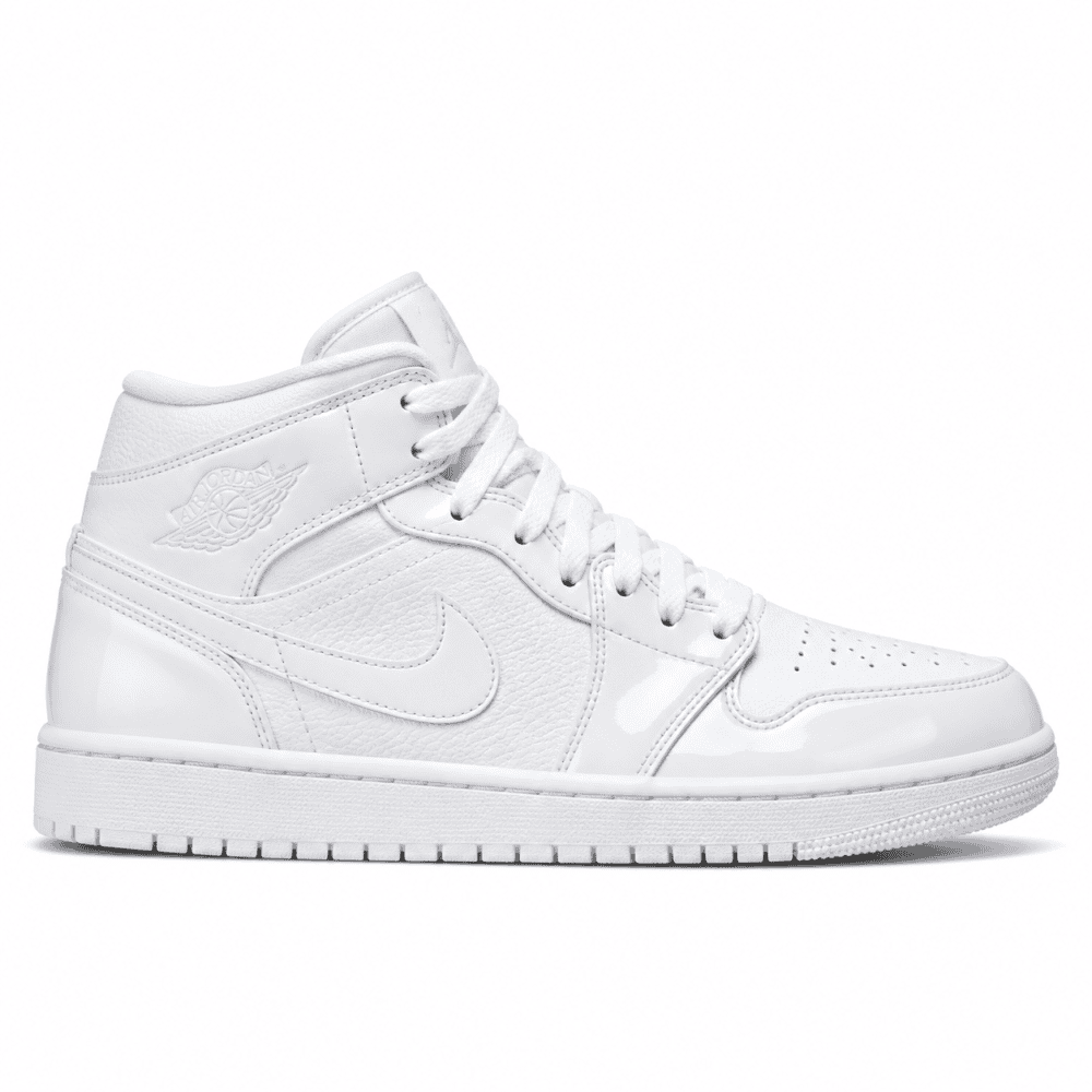 Jordan 1 Mid Triple White Patent Swoosh