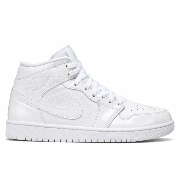 Jordan 1 Mid Triple White Patent Swoosh